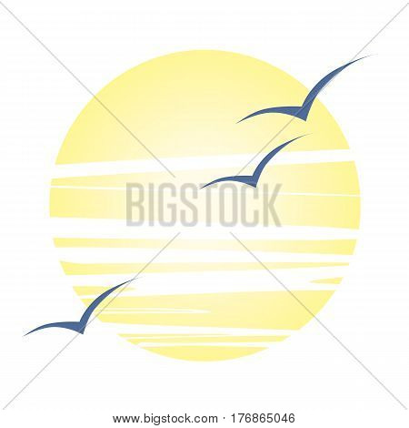Three silhouettes of birds against the background of a solar disk crossed out by clouds. on a white background