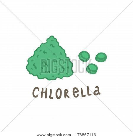 Chlorella powder superfood. Vector hand drawn illustration