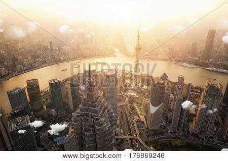 Shanghai view point hight building city sunset and river Shang hai China Asia
