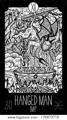 Hanged Man.12 Major Arcana Tarot Card. Imp in hell. Fantasy engraved line art illustration. Engraved vector drawing. See all collection in my portfolio set