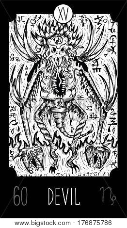 Devil. 15 Major Arcana Tarot Card. Demon of horror. Fantasy engraved line art illustration. Engraved vector drawing. See all collection in my portfolio set