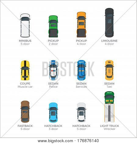 Modern cars top view icons set. Various passenger, emergency and cargo vehicles isolated flat vectors. Personal, public and commercial auto illustrations for urban transport concepts and infographics