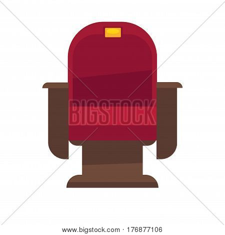 Comfortable armchair in cinema isolated on white. Red chair with gold plate under number and brown armrests for convenient viewing of film. Vector illustration of cinema chair with velvet lining