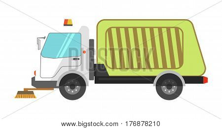 Machine cleans road garbage removal flat icon on white background. Worker truck with flashing lights, round brushes and big green body. Vector illustration for infographics, websites and app.