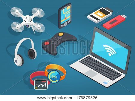 Set of modern wireless technology on blue background. Vector illustration of headphones, black joystick, notebook with wi-fi, flying drone, gps navigation on smartphone, two usb and two smart watches.
