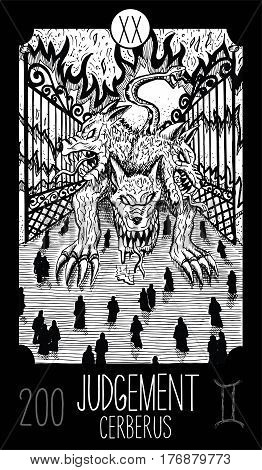 Judgement. 20 Major Arcana Tarot Card. Cerberus. Fantasy engraved line art illustration. Engraved vector drawing. See all collection in my portfolio set