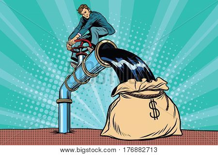 Retro businessman fills the oil in the bag of money. Pop art comic book vector illustration