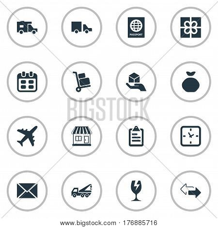 Vector Illustration Set Of Simple Handing Icons. Elements Holdall, Caravan, Gift And Other Synonyms Gift, Envelope And Passport.