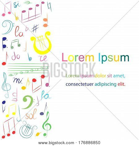 Colorful Hand Drawn Set of Music Symbols. Doodle Treble Clef Bass Clef Notes and Lyre. Template for Fliers Banners Badges Stickers and Advertising Actions.. Vector Illustration.