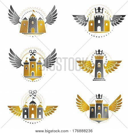 Ancient Citadels Emblems Set. Heraldic Vector Design Elements Collection. Retro Style Label, Heraldr