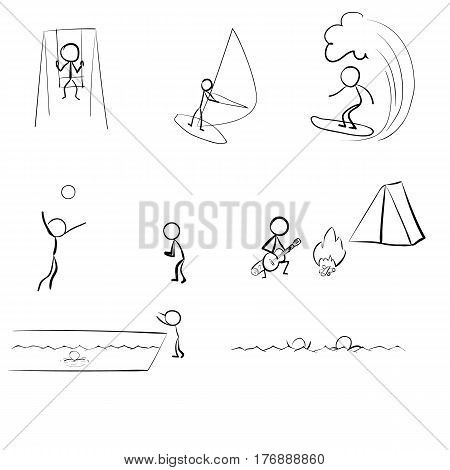 Stick People on vacation icon pictogram black and white