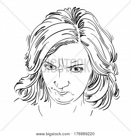 Vector portrait of angry woman with wrinkles on her forehead illustration of good-looking but irate female. Person emotional face expression.