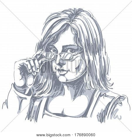 Portrait of delicate good-looking business woman with eyeglasses black and white vector drawing. Emotional expressions idea image. Gorgeous lady with visage features expressing curiosity.