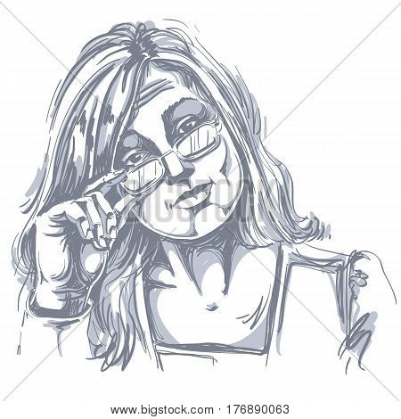 Hand-drawn vector illustration of beautiful business woman in doubt. Monochrome image expressions on face of young distrustful lady with eyeglasses.