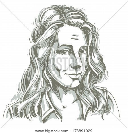 Monochrome vector hand-drawn image naive young woman making innocent face. Black and white illustration of blameworthy girl I am sorry.