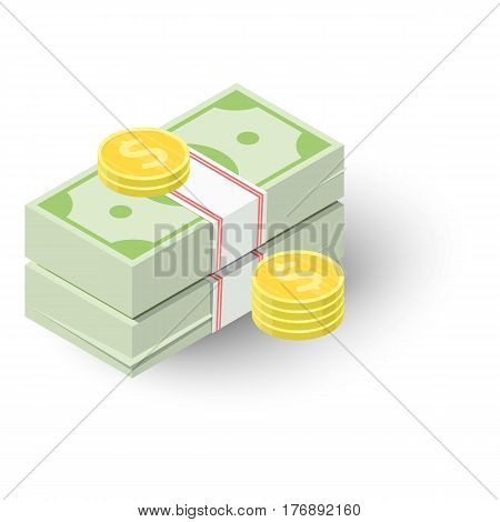 Two stacks of money and coins icon. Isometric 3d illustration of two stacks of money and coins vector icon for web