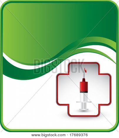 syringe with blood in first aid icon on wave background template
