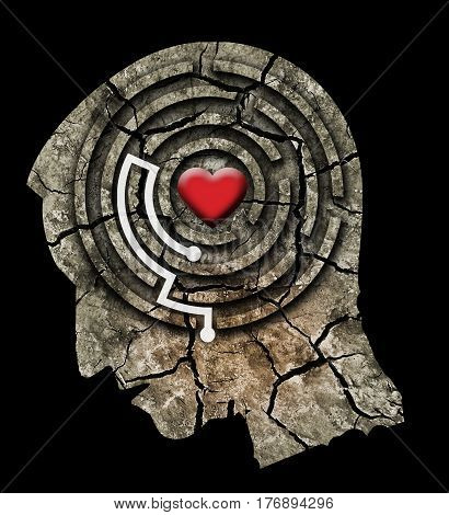 Love Yourself Concept. Stylized male head silhouette with a heart in a maze. Photo-montage with Dry cracked earth.
