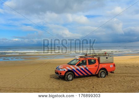 Kijkduin beach the Netherlands - September 17 2016: surf life saving vehicle on the beach
