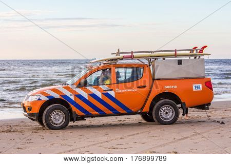Kijkduin beach the Netherlands - July 1 2016: surf life saving vehicle on the beach
