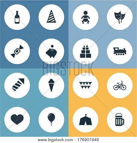 Vector Illustration Set Of Simple Birthday Icons. Elements Aerostat, Beverage, Decorations And Other Synonyms Decorations, Party And Tent.