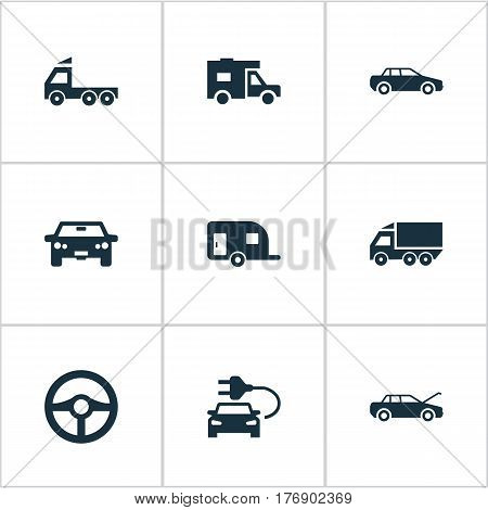 Vector Illustration Set Of Simple Automobile Icons. Elements Driving, Car Charging, Steering Wheel And Other Synonyms Transportation, Carcase And Wheel.