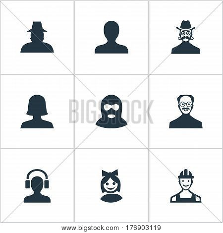 Vector Illustration Set Of Simple Avatar Icons. Elements Moustache Man, Male With Headphone, Whiskers Man And Other Synonyms Whiskers, Man And Mustaches.