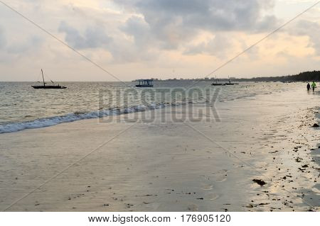 View of the beach and ocean at sunrise in Bamburi Kenya
