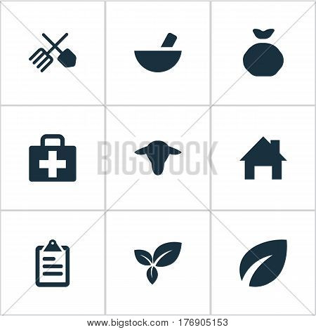 Vector Illustration Set Of Simple Harvest Icons. Elements Sack, List, Plant And Other Synonyms Holdall, List And Buffalo.
