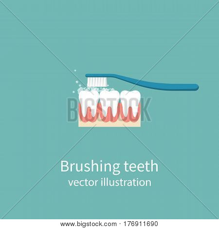 Brushing Teeth. Toothbrush isolated on background. Dental care concept. Toothpaste bubbles foam. Oral hygiene. Vector illustration flat design.