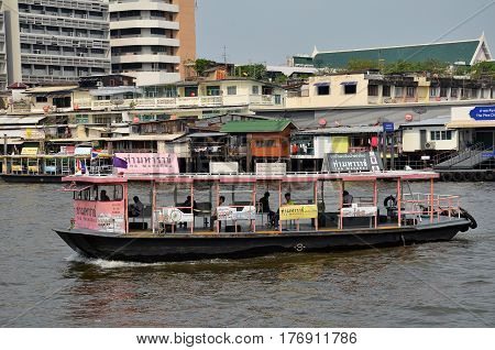 BANGKOK THAILAND - JAN 21 2017: Ferry boat at Chao Phraya River Chao Phraya River is a major river in Thailand