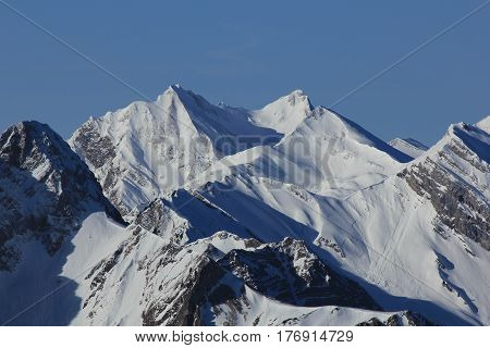 Beautiful shaped mountains in Central Switzerland. View from mount Fronalpstock Stoos.