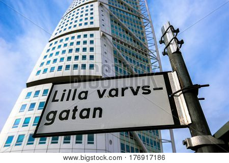 MALMO SWEDEN - MARCH 07 2017: Malmo Turning Torso in Lilla varvsgatan city landmark designed by Spanish architect Santiago Calatrava in Neo-futuristic architectural style is largest building in Skane area of Sweden