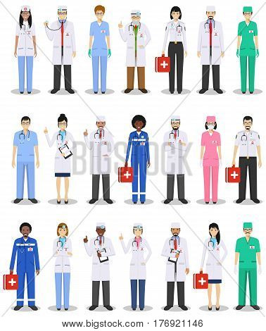 Detailed illustration of muslim arabic medical people in flat style on white background.