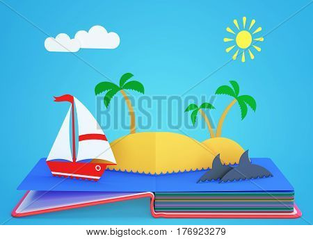 Pop Up Book With Tropical Island In Ocean. 3D rendering