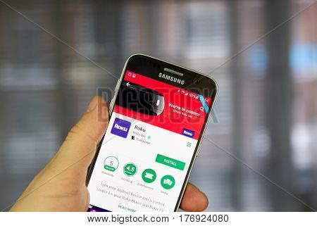 MONTREAL CANADA - MARCH 10 2017 : Official Roku android application on Samsung S7. Roku is a series of digital media player set-top boxes manufactured by Roku Inc