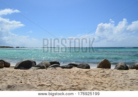 Gorgeous lush white sand beaches of Baby Beach in Aruba.