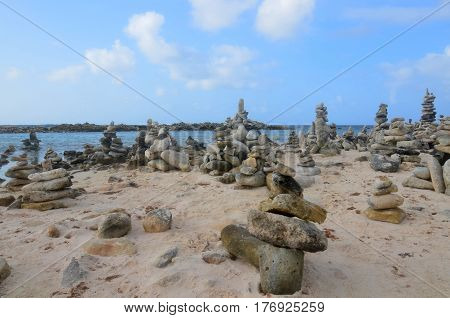 Collection of stacked stones found on Baby Beach in Aruba.