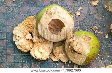 Closeup to Pile of Cracked Coconut Shell