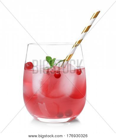 Glass of delicious wine spritzer on white background