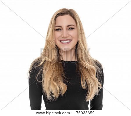 Portrait of attractive blonde caucasian smiling woman isolated on white.