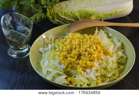 Fresh vegetable and dietary salad from cabbage and corn
