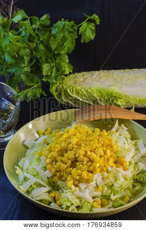 Fresh vegetable and dietary salad from cabbage and corn