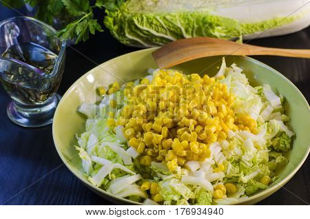 Fresh vegetable and dietary salad from cabbage and corn