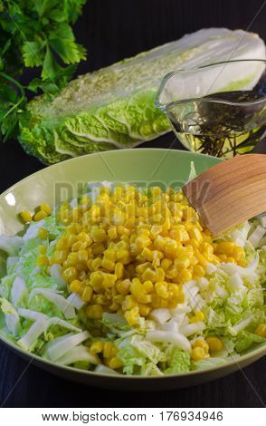 Fresh vegetable and dietary salad from cabbage and corn