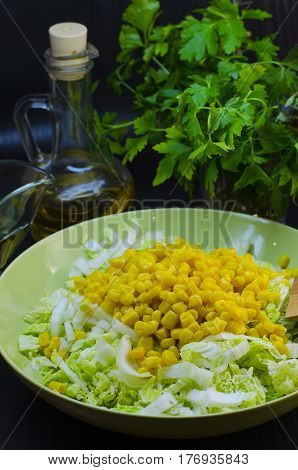 Fresh vegetable and dietary salad from cabbage and corn