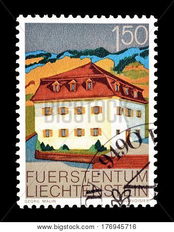 LIECHTENSTEIN - CIRCA 1978 : Cancelled postage stamp printed by Liechtenstein, that shows Town hall of Triesenberg.