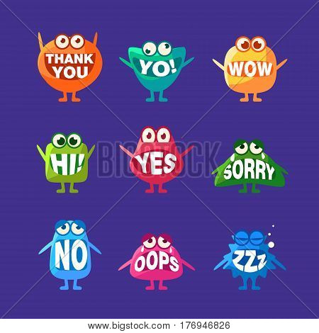Monster With Words In Mouth For Teeth Set Of Funny Cartoon Emoticon Character Sticker Isolated On Blue Background