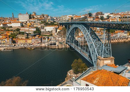 Dom Luis iron Bridge at Duoro river in old downtown Porto, Portugal.