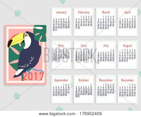 Vector tropical printable calendar 2017 with toucan. Blue, pink, yellow and green colors. Colorful cute monthly calendar. Easy to edit and ready to use.